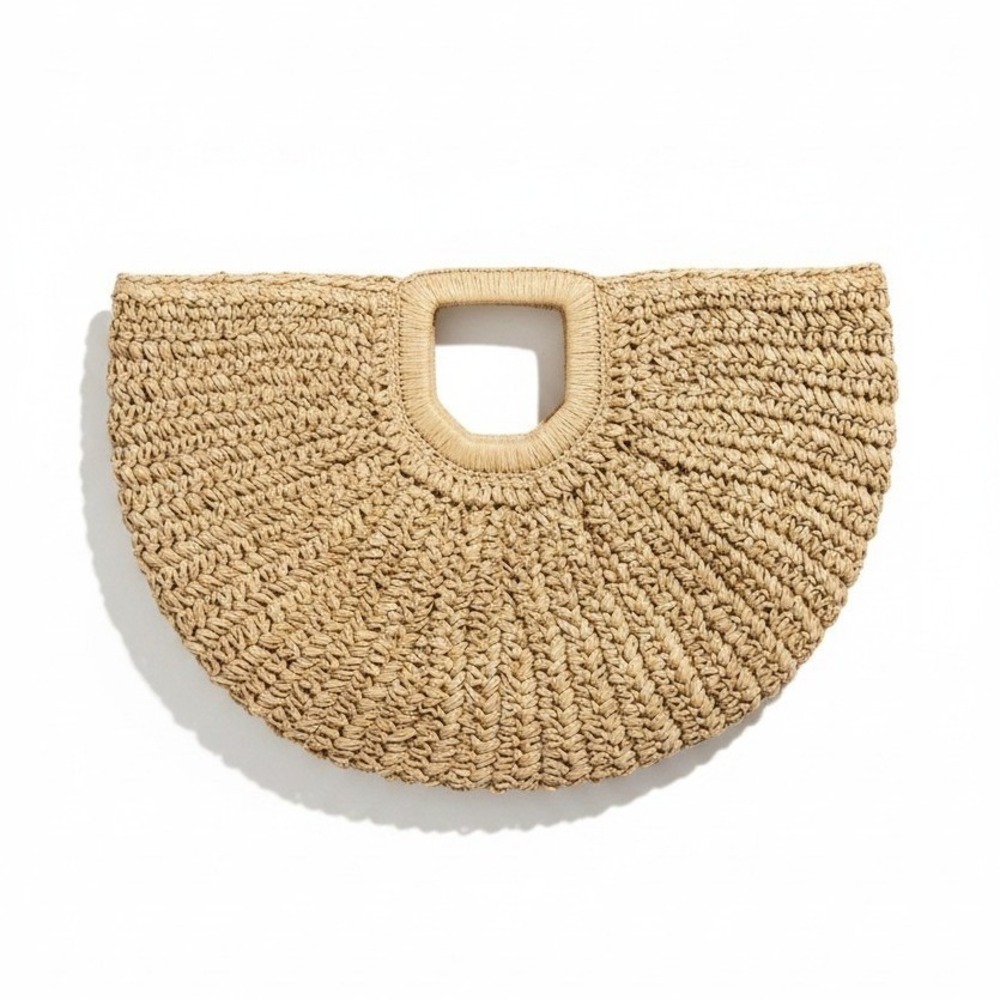 Ramla Bohemian Tan Hobo Straw Bag Half Moon Round Woven Women Handbag